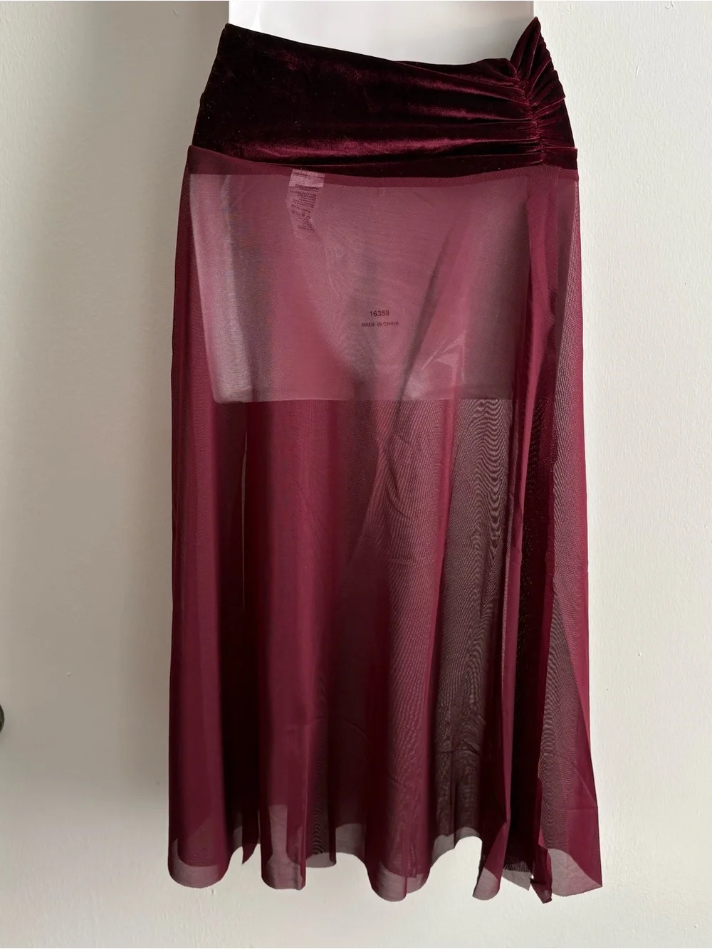 Weissman Burgundy Velvet Mesh Ruched Pull-On Sheer Dance Costume Skirt IC
